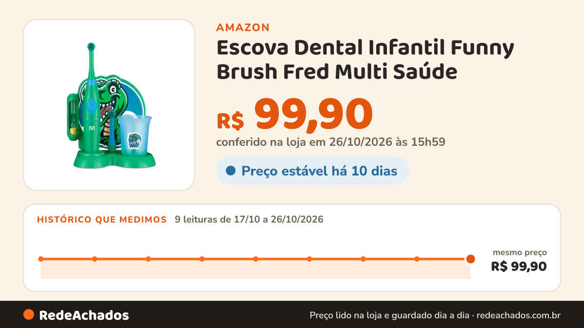 Histórico de preço de Escova Dental Infantil Funny Brush Fred Multi Saúde - HC053 na Amazon: 9 leituras de 17/10/2026 a 26/10/2026, mesmo preço, R$ 99,90, em todas; R$ 99,90 conferido em 26/10/2026 às 15h59