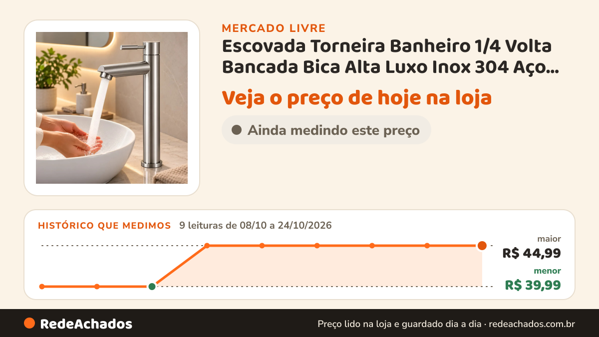 Histórico de preço de Escovada Torneira Banheiro 1/4 Volta Bancada Bica Alta Luxo Inox 304 Aço Escovado no Mercado Livre: 9 leituras de 08/10/2026 a 24/10/2026, menor R$ 39,99, maior R$ 44,99