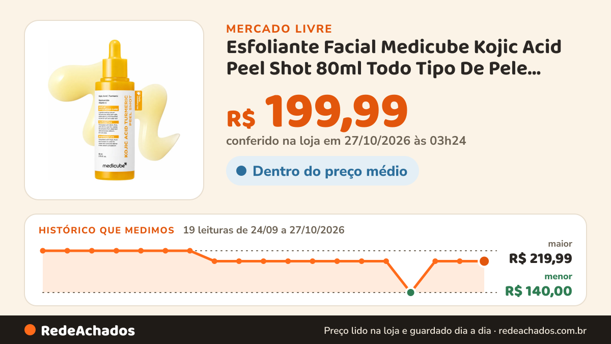Histórico de preço de Esfoliante Facial Medicube Kojic Acid Peel Shot 80ml Todo Tipo De Pele Dia/noite no Mercado Livre: 19 leituras de 24/09/2026 a 27/10/2026, menor R$ 140,00, maior R$ 219,99; R$ 199,99 conferido em 27/10/2026 às 03h24