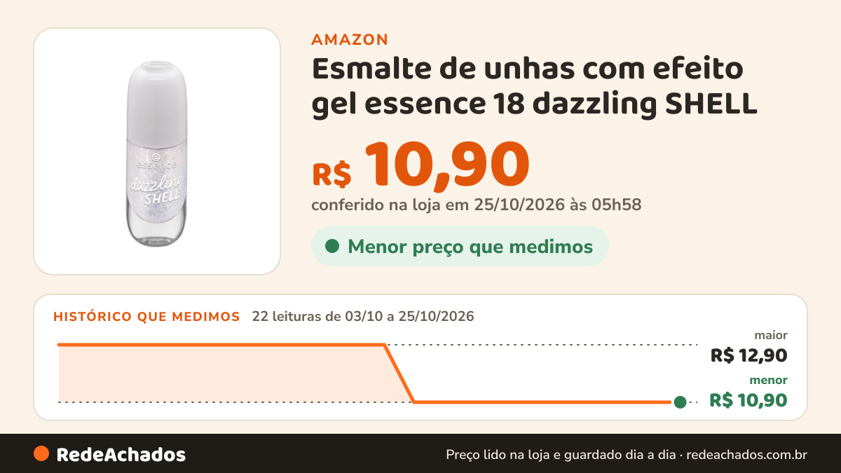 Histórico de preço de Esmalte de unhas com efeito gel essence 18 dazzling SHELL na Amazon: 22 leituras de 03/10/2026 a 25/10/2026, menor R$ 10,90, maior R$ 12,90; R$ 10,90 conferido em 25/10/2026 às 05h58