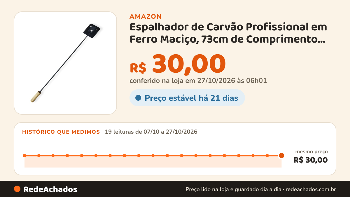 Histórico de preço de Espalhador de Carvão Profissional em Ferro Maciço, 73cm de Comprimento, Cabo de Madeira… na Amazon: 19 leituras de 07/10/2026 a 27/10/2026, mesmo preço, R$ 30,00, em todas; R$ 30,00 conferido em 27/10/2026 às 06h01