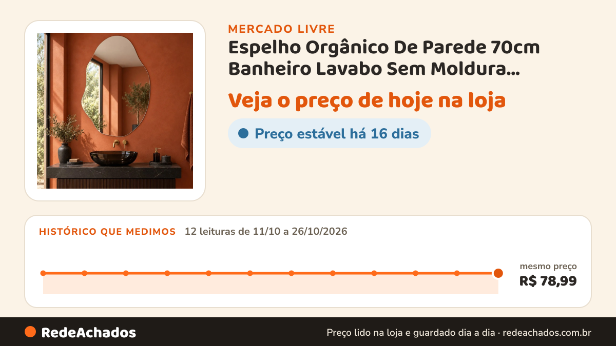 Histórico de preço de Espelho Orgânico De Parede 70cm Banheiro Lavabo Sem Moldura Organico Og04 no Mercado Livre: 12 leituras de 11/10/2026 a 26/10/2026, mesmo preço, R$ 78,99, em todas