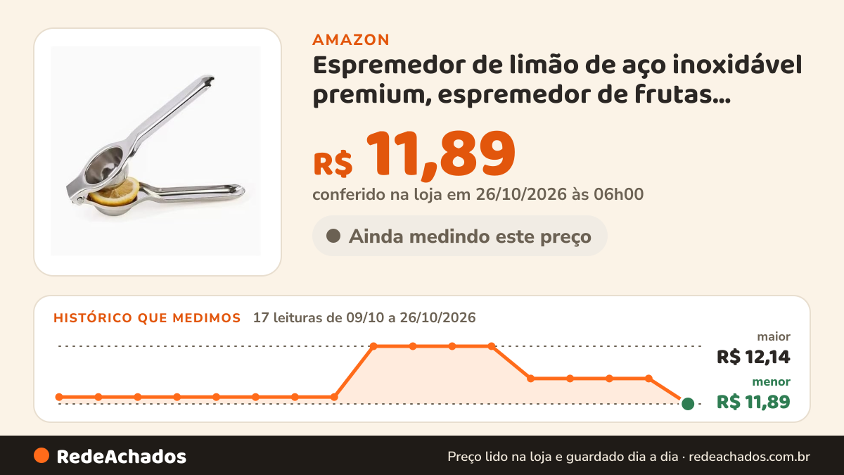Histórico de preço de Espremedor de limão de aço inoxidável premium, espremedor de frutas cítricas manual… na Amazon: 17 leituras de 09/10/2026 a 26/10/2026, menor R$ 11,89, maior R$ 12,14; R$ 11,89 conferido em 26/10/2026 às 06h00
