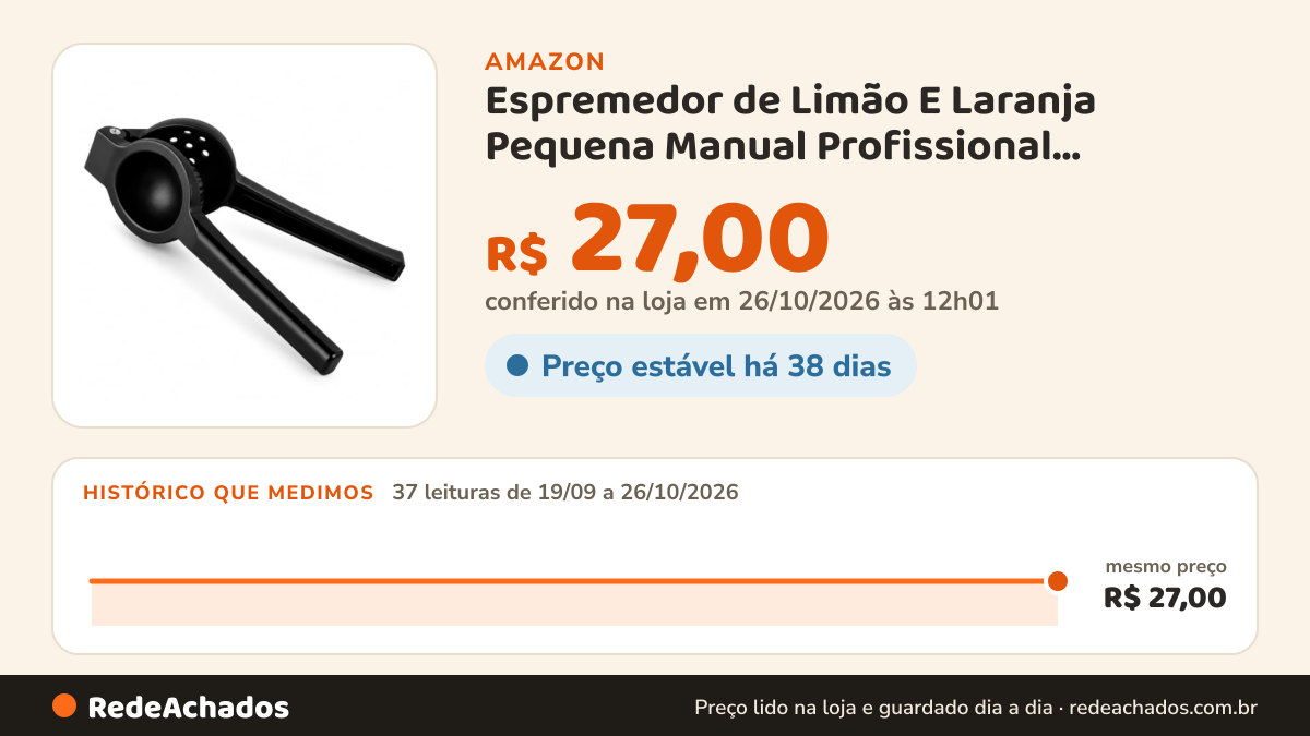 Histórico de preço de Espremedor de Limão E Laranja Pequena Manual Profissional Reforçado Preto na Amazon: 37 leituras de 19/09/2026 a 26/10/2026, mesmo preço, R$ 27,00, em todas; R$ 27,00 conferido em 26/10/2026 às 12h01