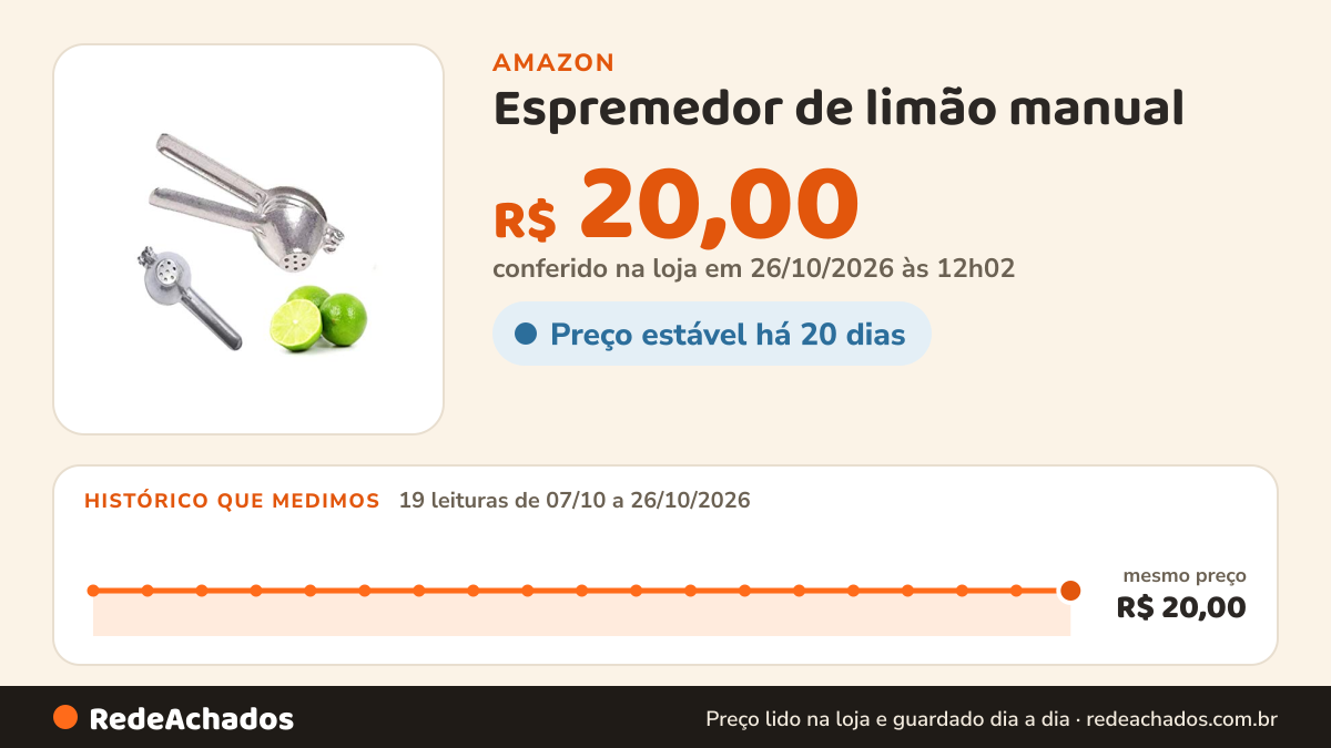 Histórico de preço de Espremedor de limão manual - Amassador de frutas para fazer suco, limonada, caipirinha. na Amazon: 19 leituras de 07/10/2026 a 26/10/2026, mesmo preço, R$ 20,00, em todas; R$ 20,00 conferido em 26/10/2026 às 12h02
