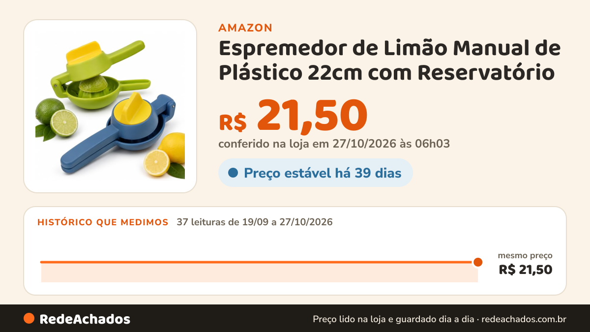 Histórico de preço de Espremedor de Limão Manual de Plástico 22cm com Reservatório na Amazon: 36 leituras de 19/09/2026 a 25/10/2026, mesmo preço, R$ 21,50, em todas
