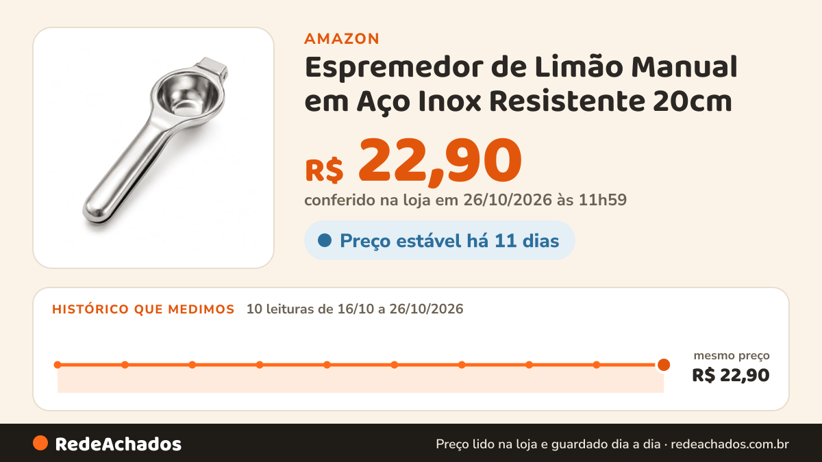 Histórico de preço de Espremedor de Limão Manual em Aço Inox Resistente 20cm na Amazon: 10 leituras de 16/10/2026 a 26/10/2026, mesmo preço, R$ 22,90, em todas; R$ 22,90 conferido em 26/10/2026 às 11h59