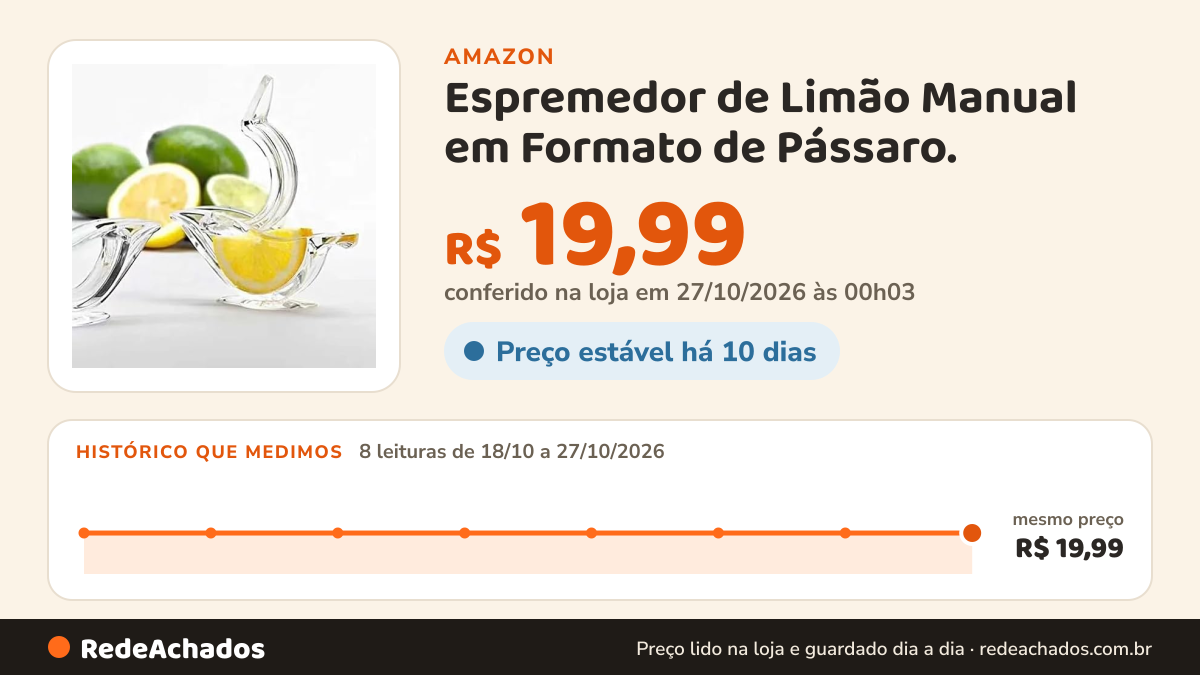 Histórico de preço de Espremedor de Limão Manual em Formato de Pássaro. na Amazon: 8 leituras de 18/10/2026 a 27/10/2026, mesmo preço, R$ 19,99, em todas; R$ 19,99 conferido em 27/10/2026 às 00h03