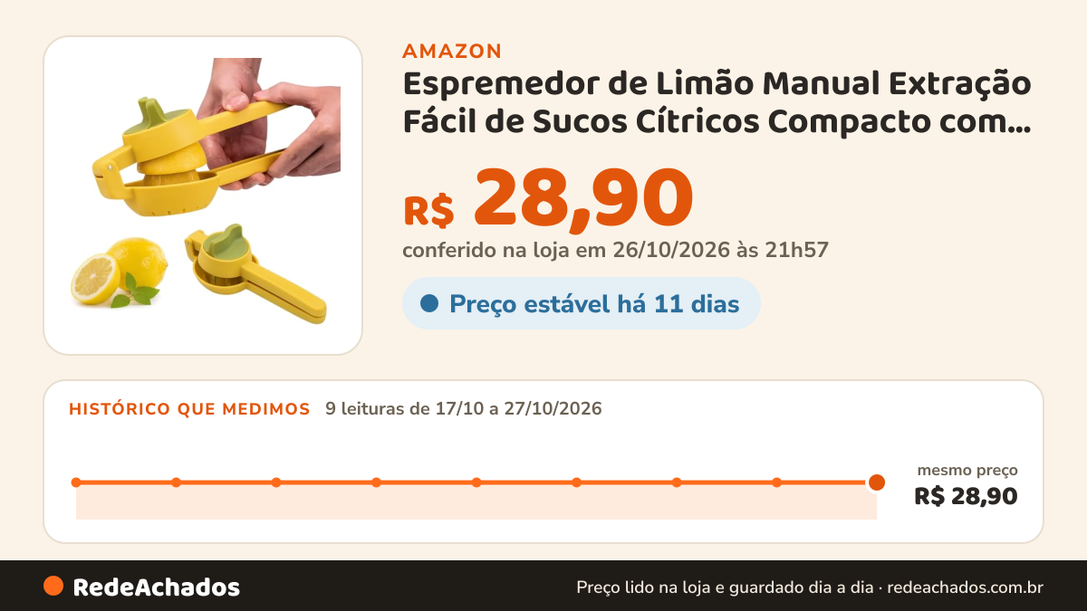 Histórico de preço de Espremedor de Limão Manual Extração Fácil de Sucos Cítricos Compacto com Filtro embutido… na Amazon: 9 leituras de 17/10/2026 a 27/10/2026, mesmo preço, R$ 28,90, em todas; R$ 28,90 conferido em 26/10/2026 às 21h57