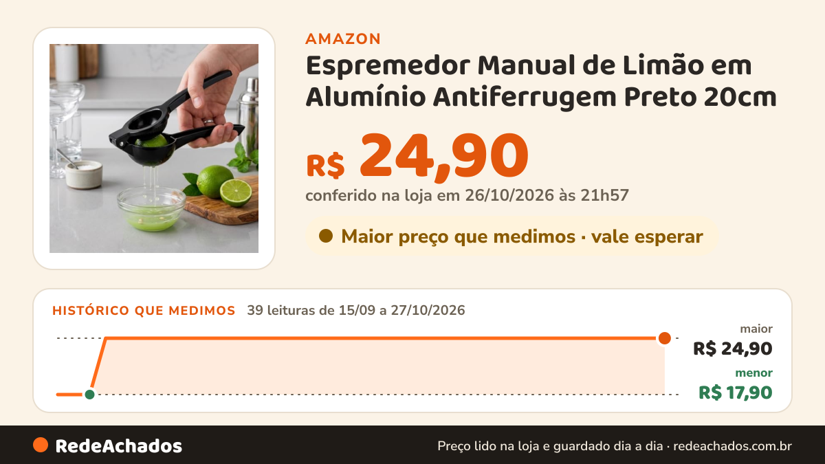 Histórico de preço de Espremedor Manual de Limão em Alumínio Antiferrugem Preto 20cm | Antiaderente e Fácil de… na Amazon: 39 leituras de 15/09/2026 a 27/10/2026, menor R$ 17,90, maior R$ 24,90; R$ 24,90 conferido em 26/10/2026 às 21h57
