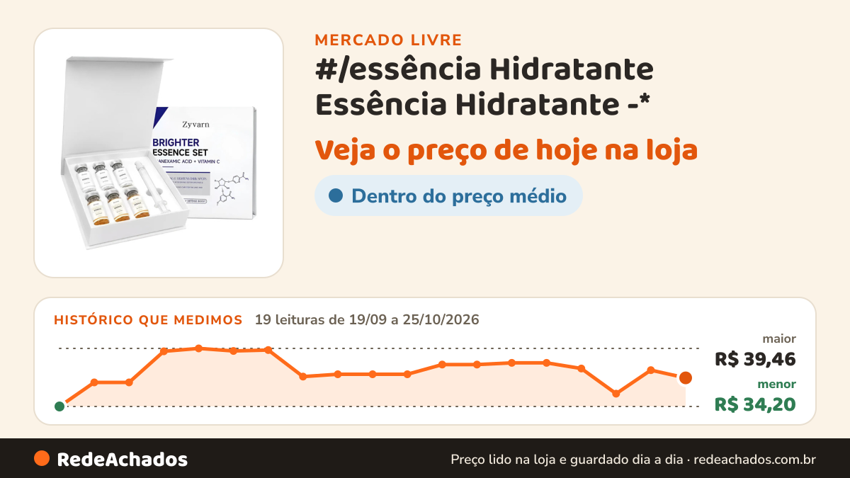 Histórico de preço de #/essência Hidratante Essência Hidratante -* no Mercado Livre: 19 leituras de 19/09/2026 a 25/10/2026, menor R$ 34,20, maior R$ 39,46