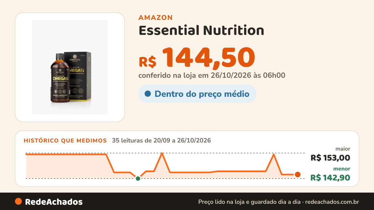 Histórico de preço de Essential Nutrition - Liquid Super Omega-3 TG 150ml na Amazon: 35 leituras de 20/09/2026 a 26/10/2026, menor R$ 142,90, maior R$ 153,00; R$ 144,50 conferido em 26/10/2026 às 06h00