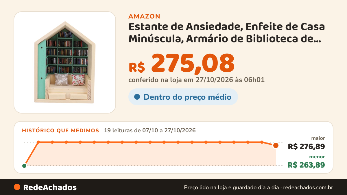 Histórico de preço de Estante de Ansiedade, Enfeite de Casa Minúscula, Armário de Biblioteca de Livros Em… na Amazon: 19 leituras de 07/10/2026 a 27/10/2026, menor R$ 263,89, maior R$ 276,89; R$ 275,08 conferido em 27/10/2026 às 06h01