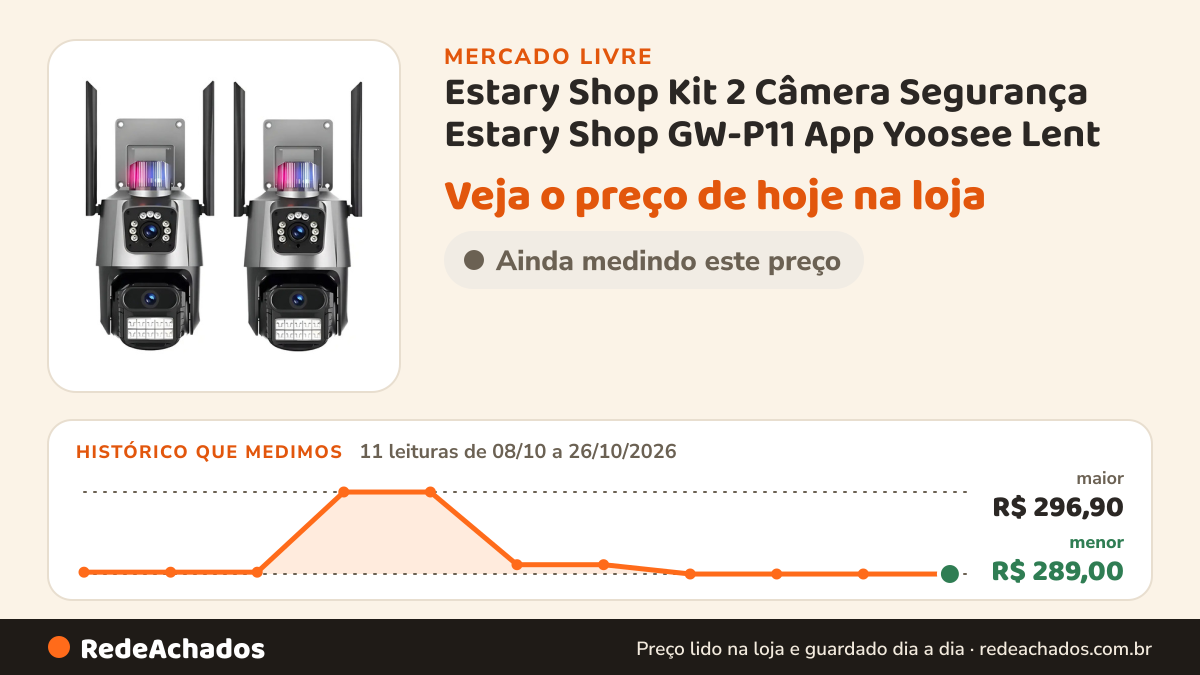 Histórico de preço de Estary Shop Kit 2 Câmera Segurança Estary Shop GW-P11 App Yoosee Lent no Mercado Livre: 11 leituras de 08/10/2026 a 26/10/2026, menor R$ 289,00, maior R$ 296,90