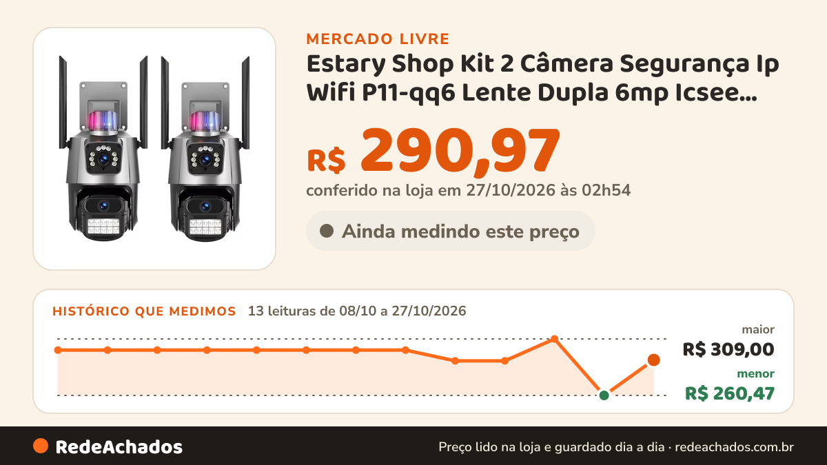 Histórico de preço de Estary Shop Kit 2 Câmera Segurança Ip Wifi P11-qq6 Lente Dupla 6mp Icsee Cor Pret no Mercado Livre: 13 leituras de 08/10/2026 a 27/10/2026, menor R$ 260,47, maior R$ 309,00; R$ 290,97 conferido em 27/10/2026 às 02h54