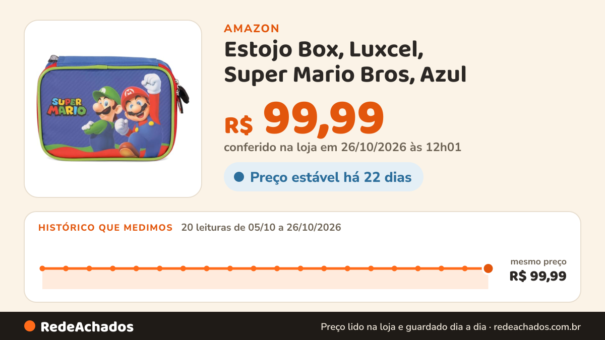 Histórico de preço de Estojo Box, Luxcel, Super Mario Bros, Azul na Amazon: 19 leituras de 05/10/2026 a 25/10/2026, mesmo preço, R$ 99,99, em todas; R$ 99,99 conferido em 25/10/2026 às 05h58