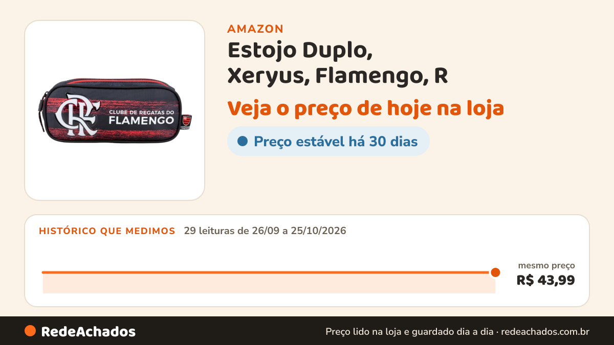 Histórico de preço de Estojo Duplo, Xeryus, Flamengo, R na Amazon: 29 leituras de 26/09/2026 a 25/10/2026, mesmo preço, R$ 43,99, em todas