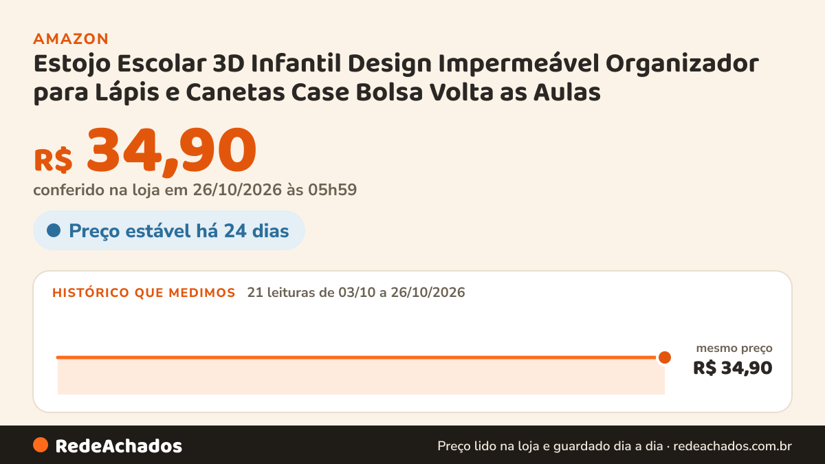 Histórico de preço de Estojo Escolar 3D Infantil Design Impermeável Organizador para Lápis e Canetas Case Bolsa… na Amazon: 21 leituras de 03/10/2026 a 26/10/2026, mesmo preço, R$ 34,90, em todas; R$ 34,90 conferido em 26/10/2026 às 05h59