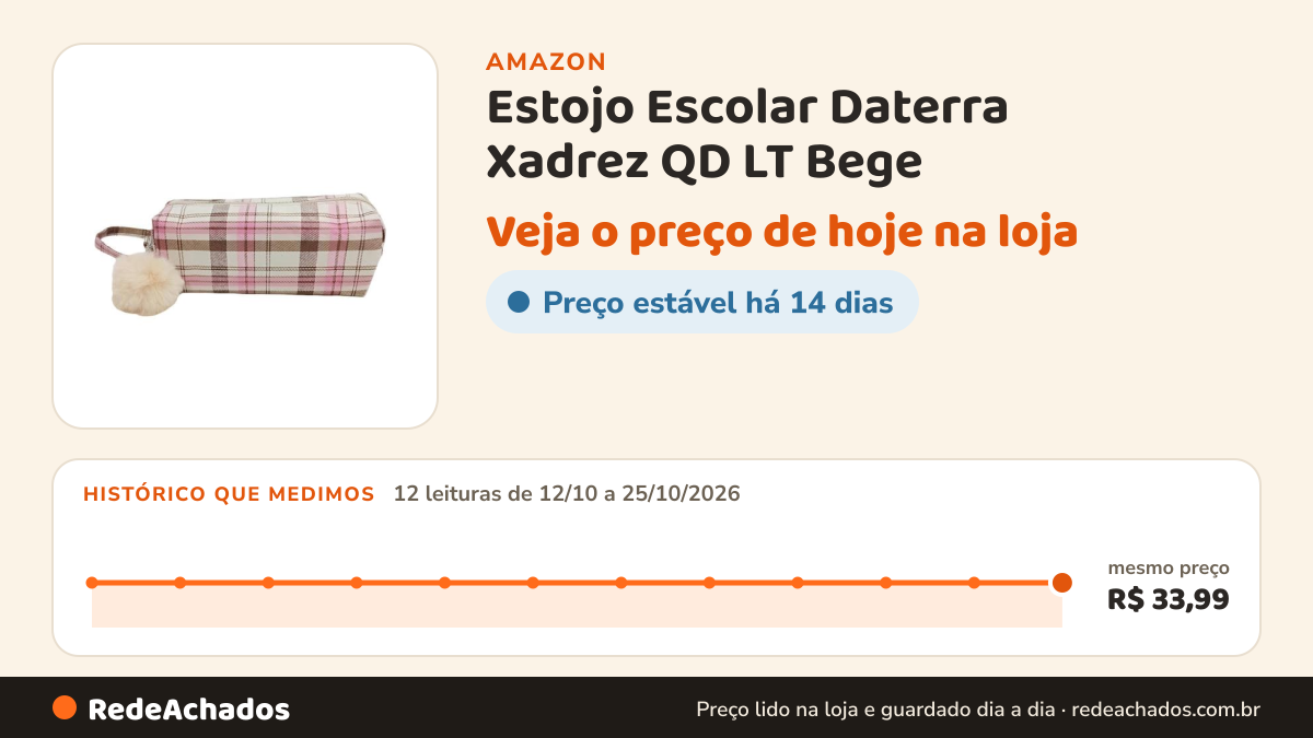 Histórico de preço de Estojo Escolar Daterra Xadrez QD LT Bege na Amazon: 12 leituras de 12/10/2026 a 25/10/2026, mesmo preço, R$ 33,99, em todas
