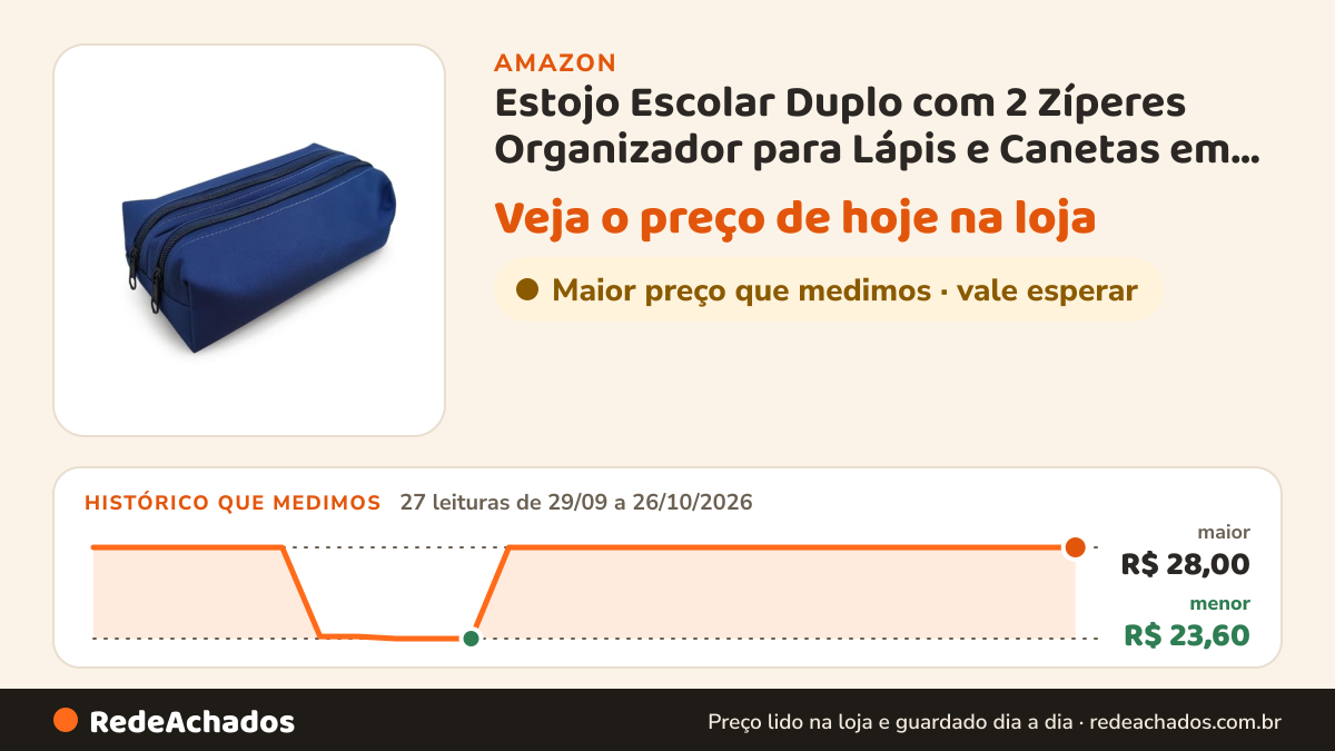 Histórico de preço de Estojo Escolar Duplo com 2 Zíperes Organizador para Lápis e Canetas em Poliéster Reforçado… na Amazon: 27 leituras de 29/09/2026 a 26/10/2026, menor R$ 23,60, maior R$ 28,00; R$ 28,00 conferido em 26/10/2026 às 15h59