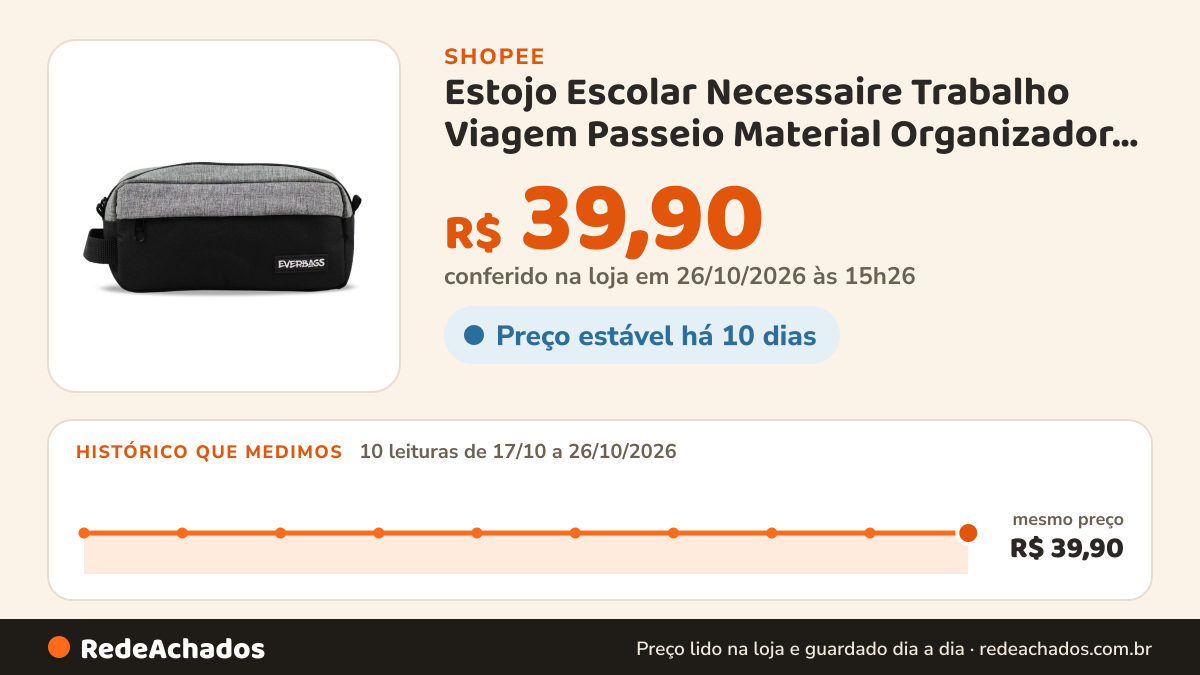 Histórico de preço de Estojo Escolar Necessaire Trabalho Viagem Passeio Material Organizador Leve Maquiagem… na Shopee: 9 leituras de 17/10/2026 a 25/10/2026, mesmo preço, R$ 39,90, em todas; R$ 39,90 conferido em 25/10/2026 às 09h58