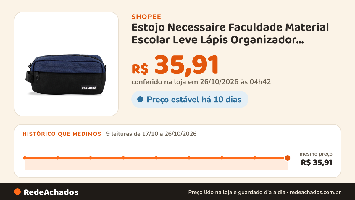 Histórico de preço de Estojo Necessaire Faculdade Material Escolar Leve Lápis Organizador Maquiagem Bolso… na Shopee: 9 leituras de 17/10/2026 a 26/10/2026, mesmo preço, R$ 35,91, em todas; R$ 35,91 conferido em 26/10/2026 às 04h42