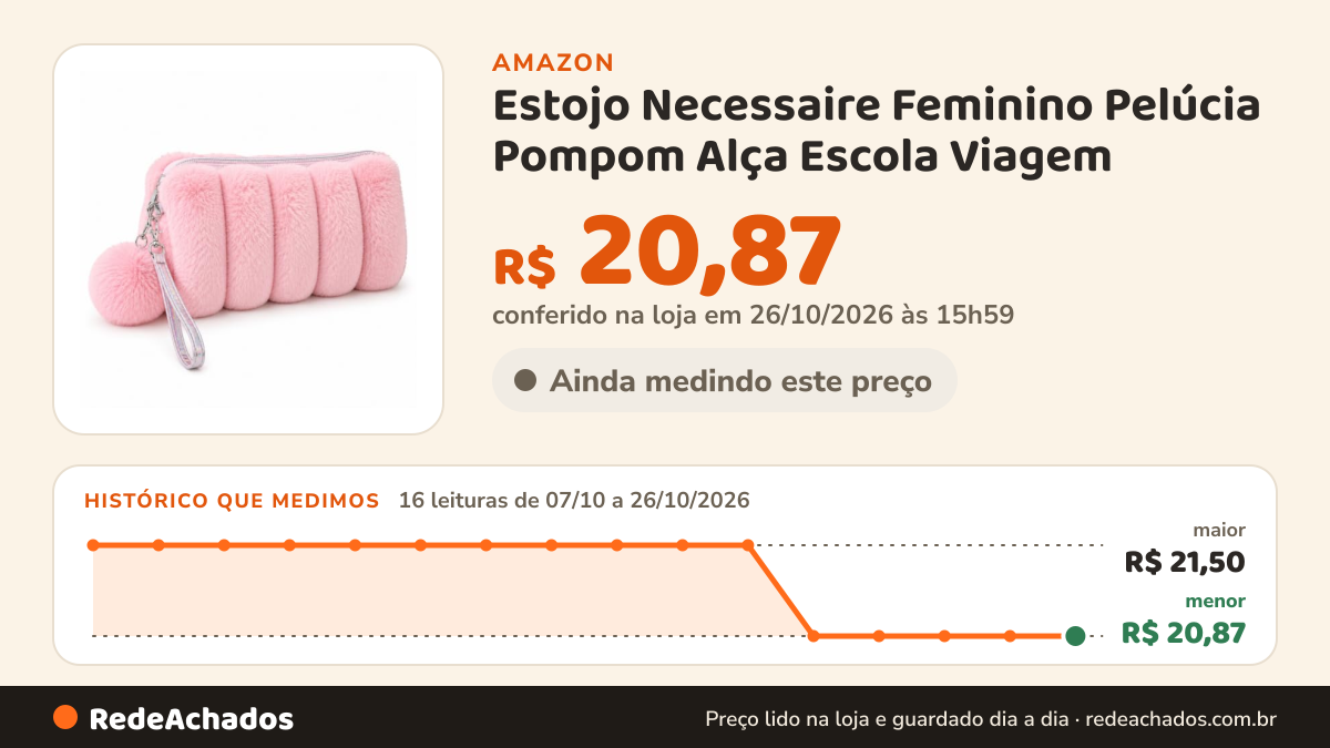 Histórico de preço de Estojo Necessaire Feminino Pelúcia Pompom Alça Escola Viagem (Rosa) na Amazon: 16 leituras de 07/10/2026 a 26/10/2026, menor R$ 20,87, maior R$ 21,50; R$ 20,87 conferido em 26/10/2026 às 15h59