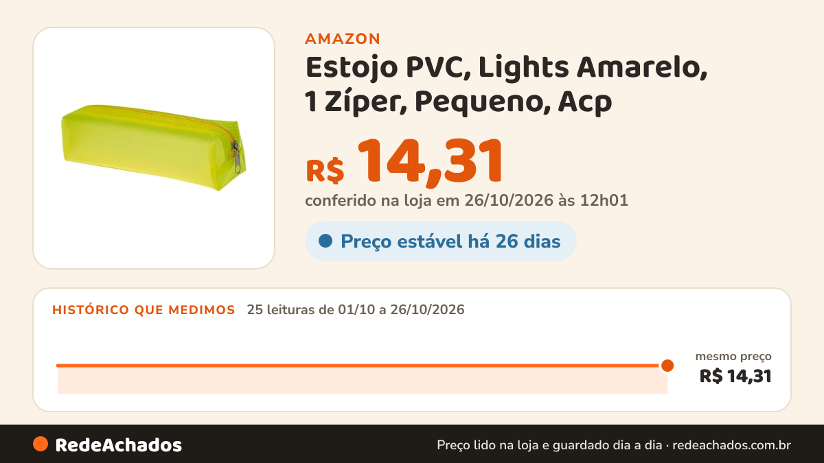 Histórico de preço de Estojo PVC, Lights Amarelo, 1 Zíper, Pequeno, Acp na Amazon: 25 leituras de 01/10/2026 a 26/10/2026, mesmo preço, R$ 14,31, em todas; R$ 14,31 conferido em 26/10/2026 às 12h01