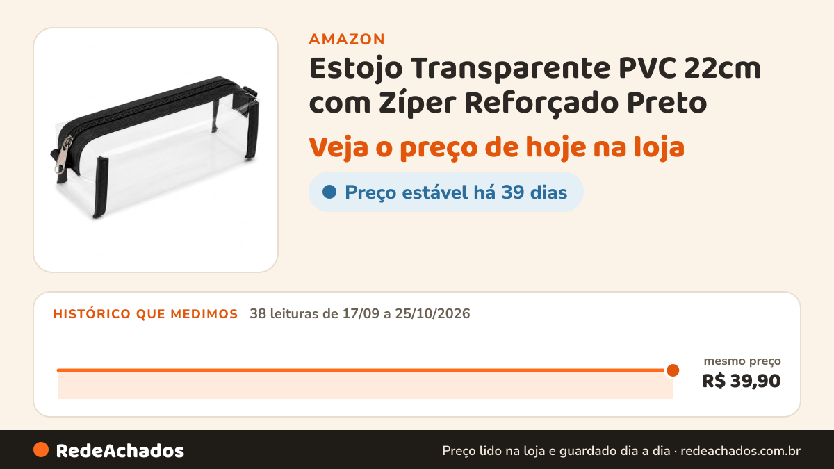 Histórico de preço de Estojo Transparente PVC 22cm com Zíper Reforçado Preto na Amazon: 38 leituras de 17/09/2026 a 25/10/2026, mesmo preço, R$ 39,90, em todas