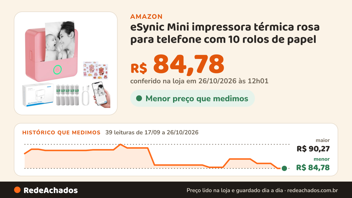 Histórico de preço de eSynic Mini impressora térmica rosa para telefone com 10 rolos de papel na Amazon: 39 leituras de 17/09/2026 a 26/10/2026, menor R$ 84,78, maior R$ 90,27; R$ 84,78 conferido em 26/10/2026 às 12h01