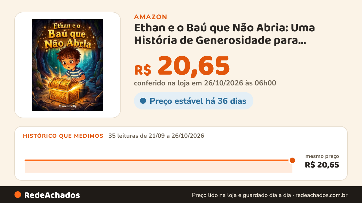 Histórico de preço de Ethan e o Baú que Não Abria: Uma História de Generosidade para Crianças de 4 a 9 Anos… na Amazon: 35 leituras de 21/09/2026 a 26/10/2026, mesmo preço, R$ 20,65, em todas; R$ 20,65 conferido em 26/10/2026 às 06h00