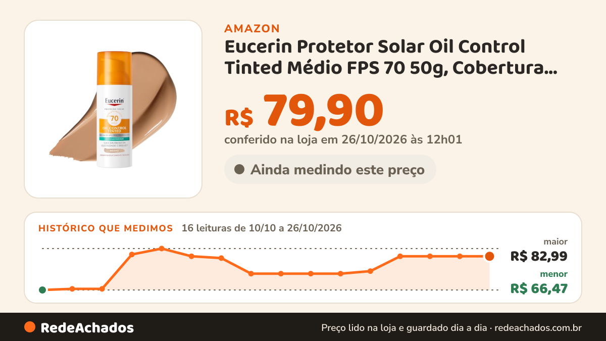 Histórico de preço de Eucerin Protetor Solar Oil Control Tinted Médio FPS 70 50g, Cobertura Natural, Controle de… na Amazon: 16 leituras de 10/10/2026 a 26/10/2026, menor R$ 66,47, maior R$ 82,99; R$ 79,90 conferido em 26/10/2026 às 12h01