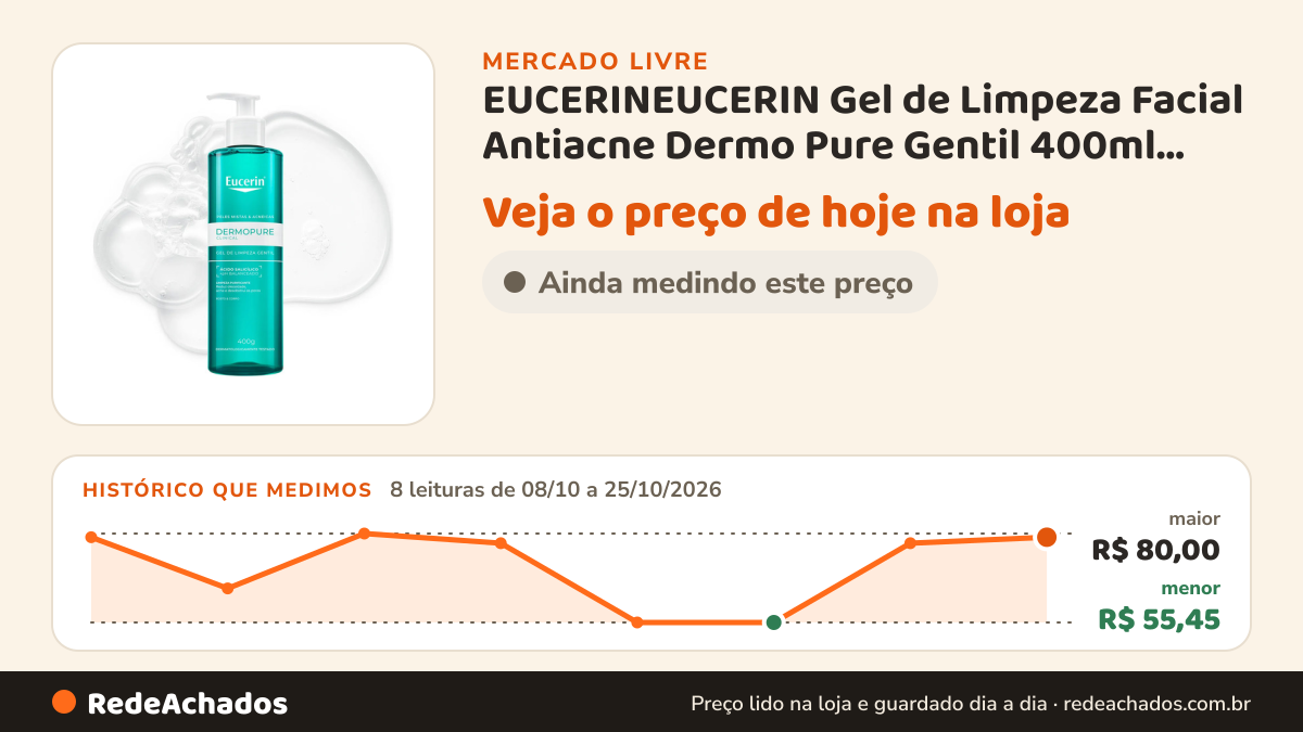 Histórico de preço de EUCERINEUCERIN Gel de Limpeza Facial Antiacne Dermo Pure Gentil 400ml, Pele Mist no Mercado Livre: 8 leituras de 08/10/2026 a 25/10/2026, menor R$ 55,45, maior R$ 80,00