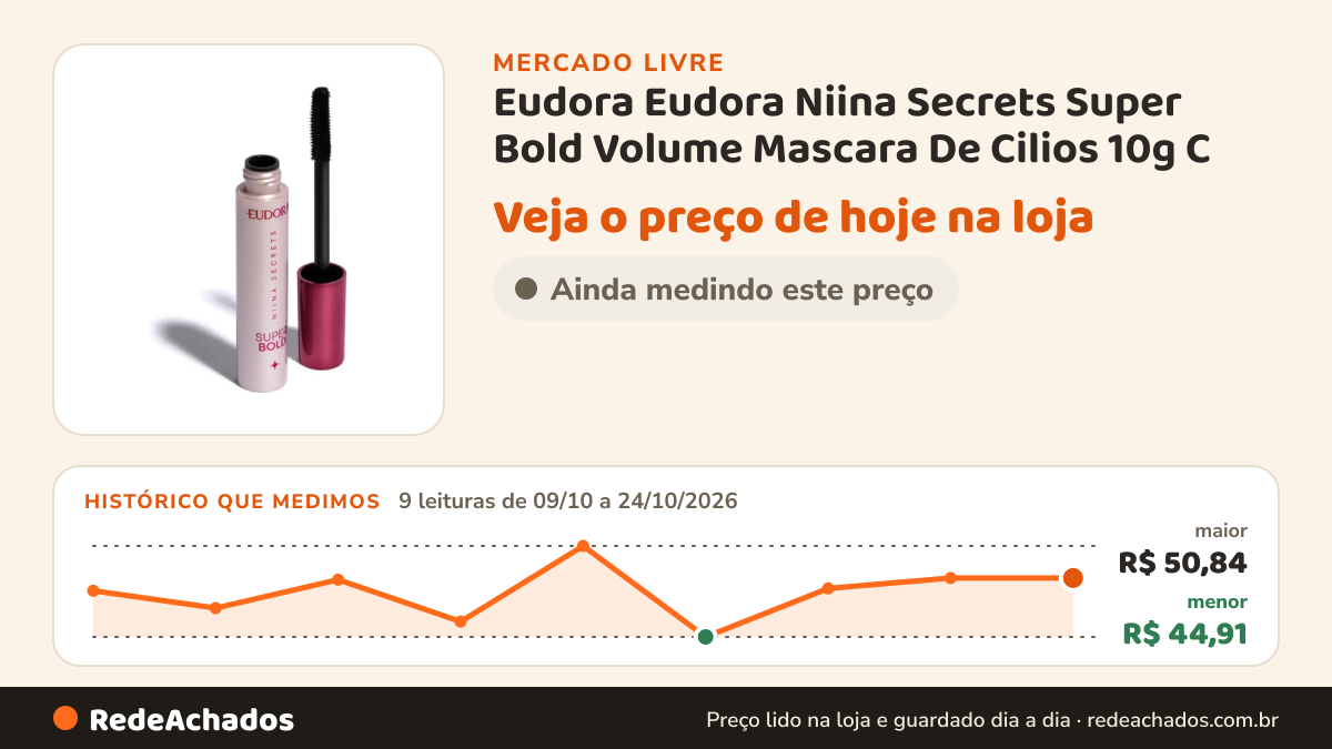 Histórico de preço de Eudora Eudora Niina Secrets Super Bold Volume Mascara De Cilios 10g C no Mercado Livre: 9 leituras de 09/10/2026 a 24/10/2026, menor R$ 44,91, maior R$ 50,84