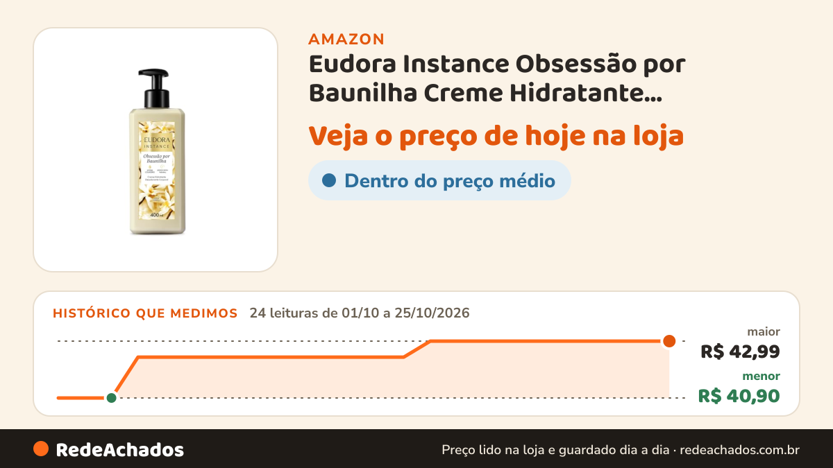 Histórico de preço de Eudora Instance Obsessão por Baunilha Creme Hidratante Desodorante Corporal 400ml na Amazon: 24 leituras de 01/10/2026 a 25/10/2026, menor R$ 40,90, maior R$ 42,99
