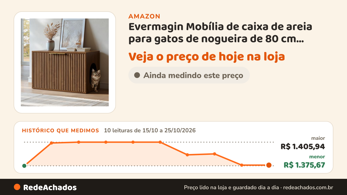 Histórico de preço de Evermagin Mobília de caixa de areia para gatos de nogueira de 80 cm, grande armário de… na Amazon: 10 leituras de 15/10/2026 a 25/10/2026, menor R$ 1.375,67, maior R$ 1.405,94