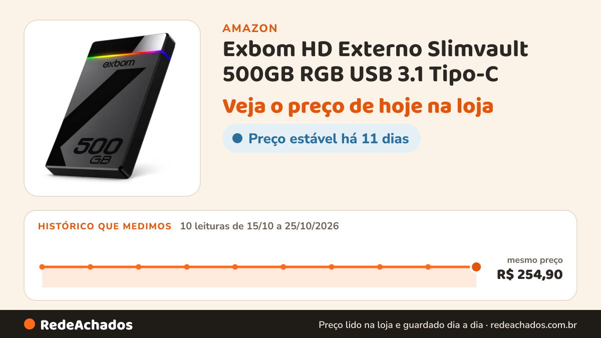 Histórico de preço de Exbom HD Externo Slimvault 500GB RGB USB 3.1 Tipo-C na Amazon: 10 leituras de 15/10/2026 a 25/10/2026, mesmo preço, R$ 254,90, em todas
