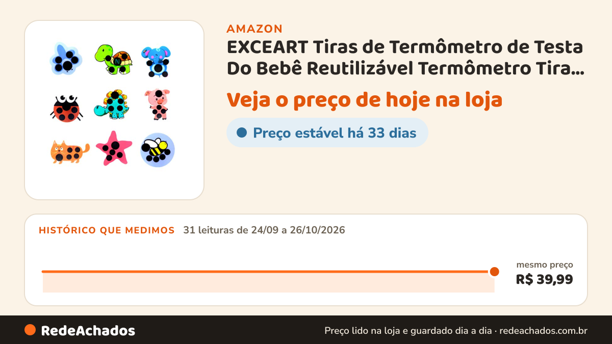 Histórico de preço de EXCEART Tiras de Termômetro de Testa Do Bebê Reutilizável Termômetro Tira Adesiva… na Amazon: 31 leituras de 24/09/2026 a 26/10/2026, mesmo preço, R$ 39,99, em todas; R$ 39,99 conferido em 26/10/2026 às 09h57