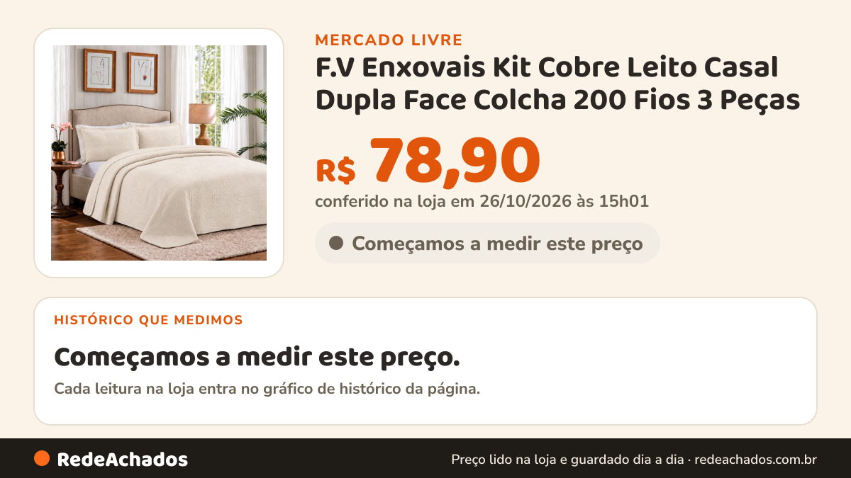 Histórico de preço de F.V Enxovais Kit Cobre Leito Casal Dupla Face Colcha 200 Fios 3 Peças no Mercado Livre: 11 leituras de 08/10/2026 a 25/10/2026, menor R$ 78,90, maior R$ 131,50; R$ 78,90 conferido em 25/10/2026 às 18h32