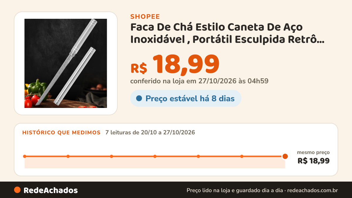 Histórico de preço de Faca De Chá Estilo Caneta De Aço Inoxidável , Portátil Esculpida Retrô , Ferramenta De… na Shopee: 7 leituras de 20/10/2026 a 27/10/2026, mesmo preço, R$ 18,99, em todas; R$ 18,99 conferido em 27/10/2026 às 04h59