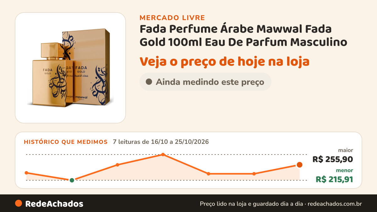 Histórico de preço de Fada Perfume Árabe Mawwal Fada Gold 100ml Eau De Parfum Masculino no Mercado Livre: 7 leituras de 16/10/2026 a 25/10/2026, menor R$ 215,91, maior R$ 255,90