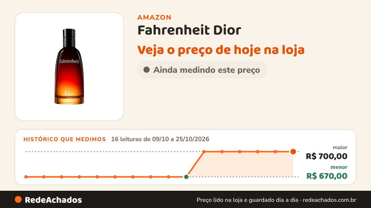 Histórico de preço de Fahrenheit Dior - Perfume Masculino - Eau de Toilette 100ml na Amazon: 16 leituras de 09/10/2026 a 25/10/2026, menor R$ 670,00, maior R$ 700,00
