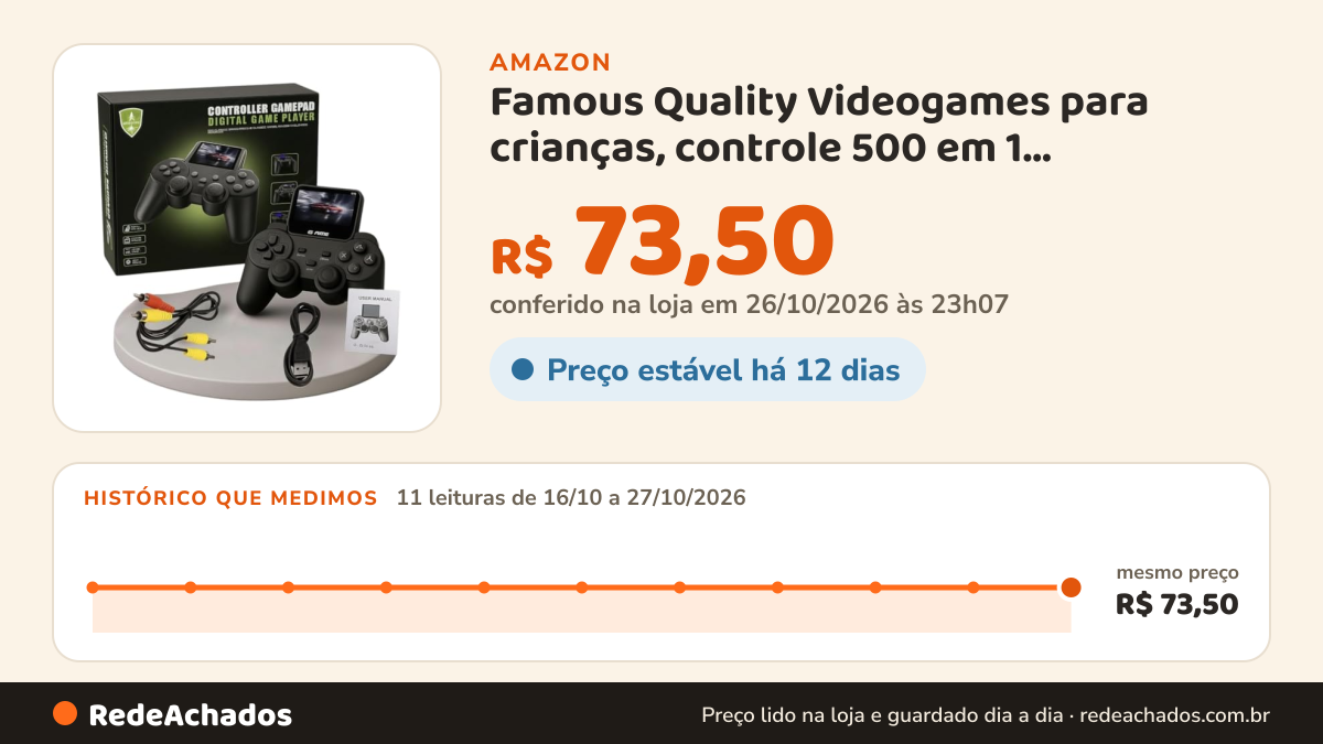 Histórico de preço de Famous Quality Videogames para crianças, controle 500 em 1, videogame, console de jogos… na Amazon: 11 leituras de 16/10/2026 a 27/10/2026, mesmo preço, R$ 73,50, em todas; R$ 73,50 conferido em 26/10/2026 às 23h07