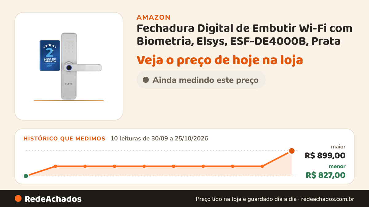 Histórico de preço de Fechadura Digital de Embutir Wi-Fi com Biometria, Elsys, ESF-DE4000B, Prata - Abertura via… na Amazon: 10 leituras de 30/09/2026 a 25/10/2026, menor R$ 827,00, maior R$ 899,00