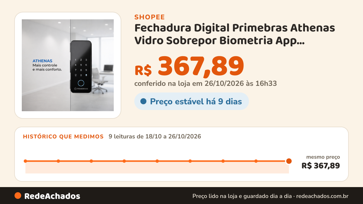 Histórico de preço de Fechadura Digital Primebras Athenas Vidro Sobrepor Biometria App Bluetooth Google e Alexa… na Shopee: 9 leituras de 18/10/2026 a 26/10/2026, mesmo preço, R$ 367,89, em todas; R$ 367,89 conferido em 26/10/2026 às 16h33