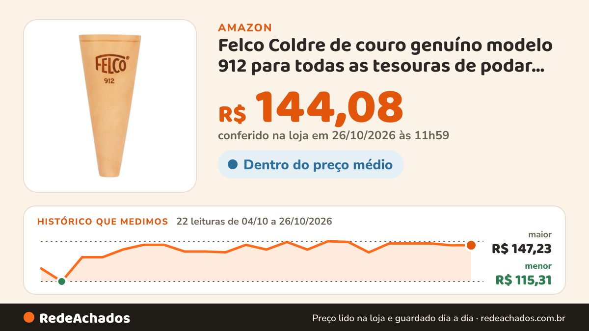 Histórico de preço de Felco Coldre de couro genuíno modelo 912 para todas as tesouras de podar Felco, cinto e… na Amazon: 22 leituras de 04/10/2026 a 26/10/2026, menor R$ 115,31, maior R$ 147,23; R$ 144,08 conferido em 26/10/2026 às 11h59