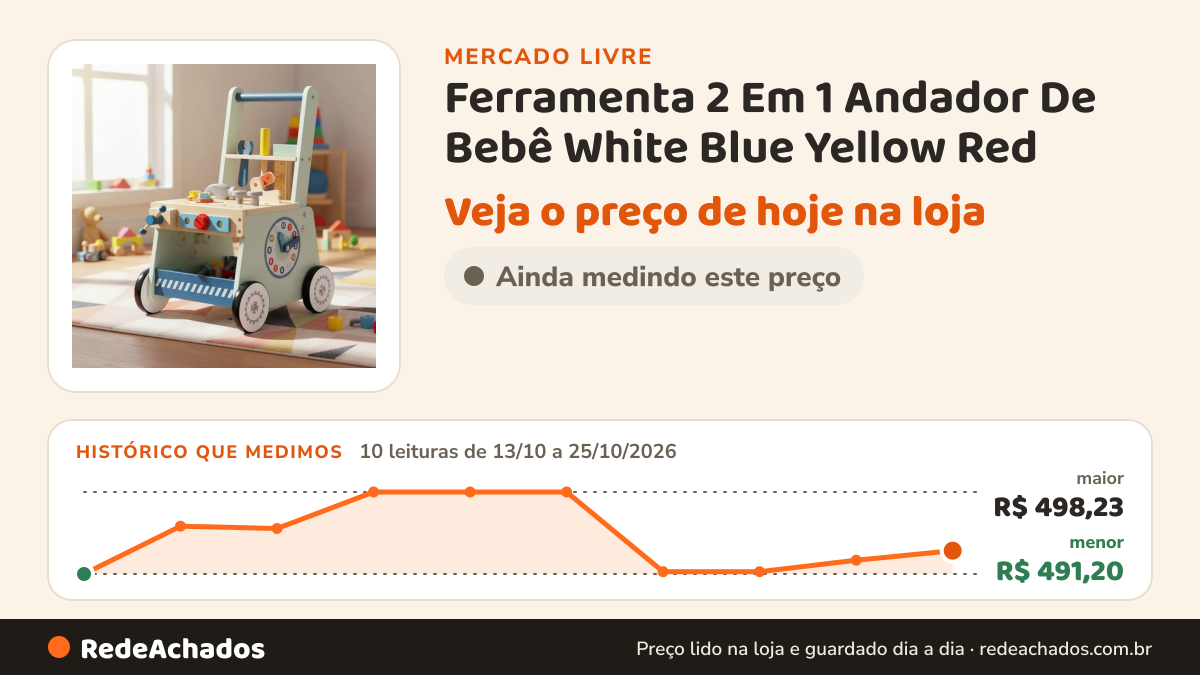 Histórico de preço de Ferramenta 2 Em 1 Andador De Bebê White Blue Yellow Red no Mercado Livre: 10 leituras de 13/10/2026 a 25/10/2026, menor R$ 491,20, maior R$ 498,23