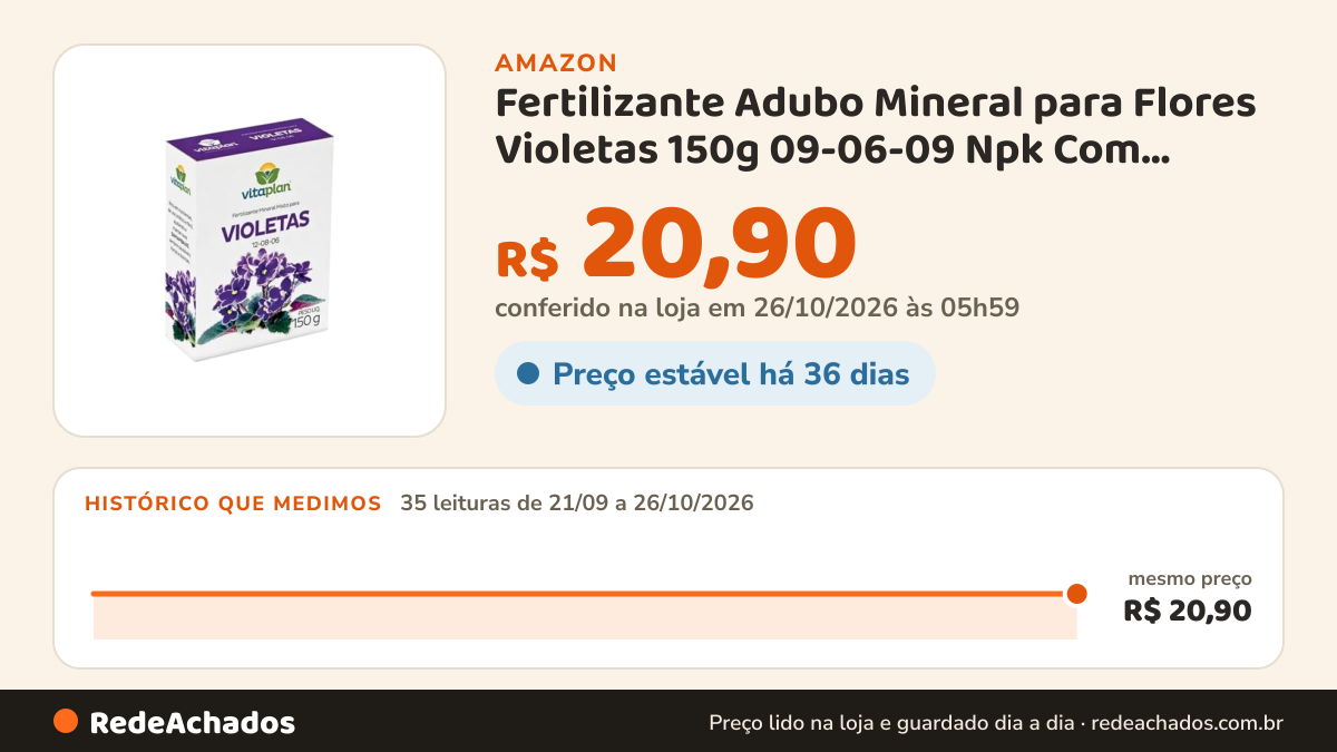 Histórico de preço de Fertilizante Adubo Mineral para Flores Violetas 150g 09-06-09 Npk Com Micronutrientes… na Amazon: 35 leituras de 21/09/2026 a 26/10/2026, mesmo preço, R$ 20,90, em todas; R$ 20,90 conferido em 26/10/2026 às 05h59