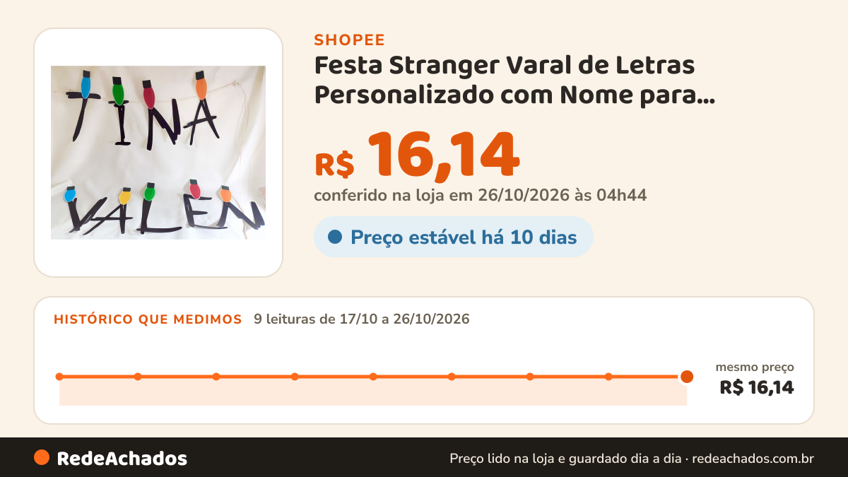 Histórico de preço de Festa Stranger Varal de Letras Personalizado com Nome para Decoração de Aniversário Envio… na Shopee: 9 leituras de 17/10/2026 a 26/10/2026, mesmo preço, R$ 16,14, em todas; R$ 16,14 conferido em 26/10/2026 às 04h44