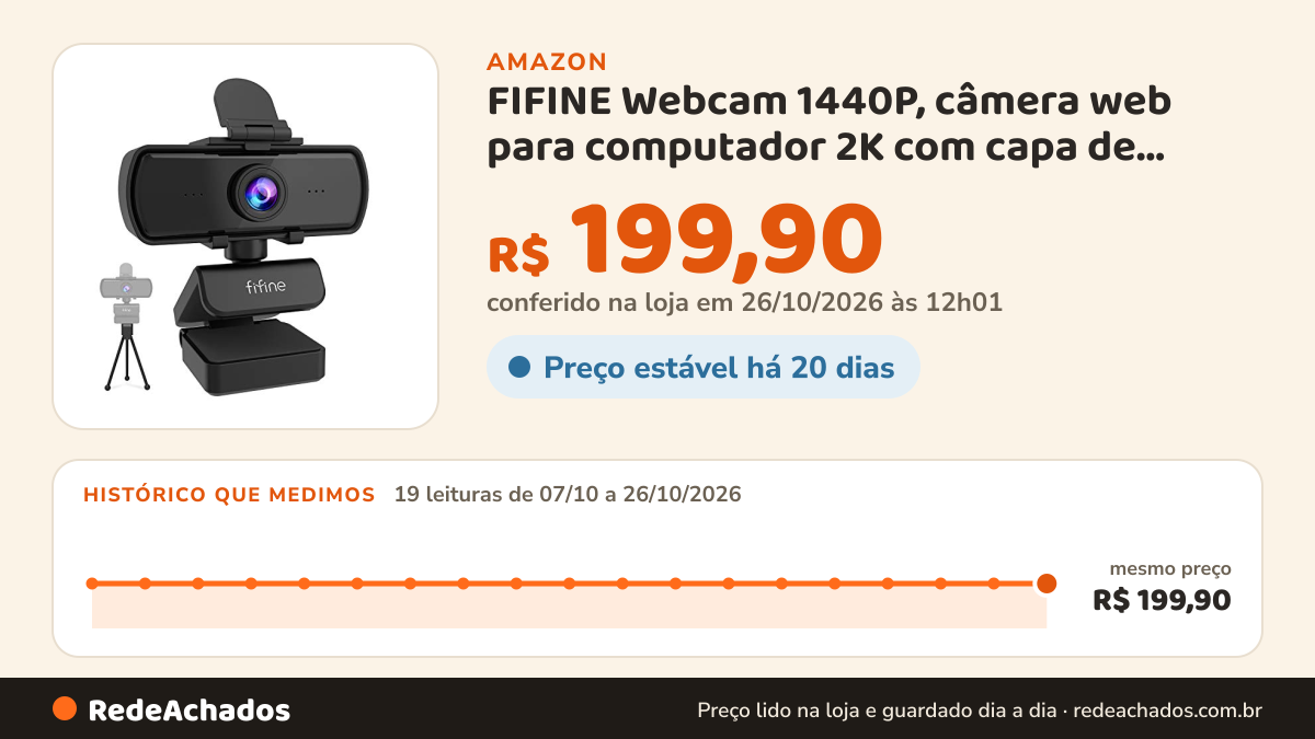 Histórico de preço de FIFINE Webcam 1440P, câmera web para computador 2K com capa de privacidade e tripé, Plug &… na Amazon: 18 leituras de 07/10/2026 a 25/10/2026, mesmo preço, R$ 199,90, em todas; R$ 199,90 conferido em 25/10/2026 às 05h58